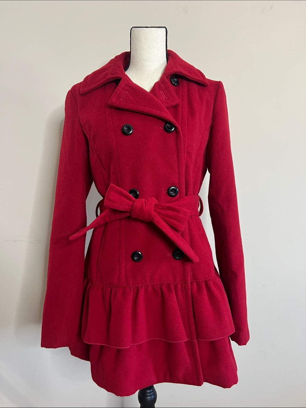 🌹🍓🍒BCX Red Double-Breasted Belted Pea Coat with Ruffle Hem